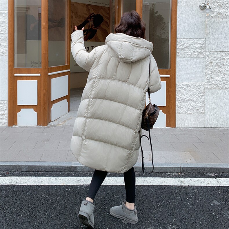 2025冬季新款连帽羽绒服女设计感中长款加厚保暖宽松白鸭绒外套,女装羽绒服,2C255