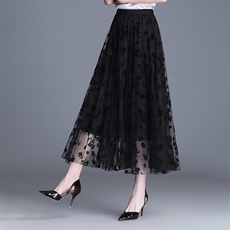 半身裙女2025年新款春夏中长款植絨网纱仙女裙韩版高腰显瘦百褶裙，女装半身裙，灵动羽绒服工厂