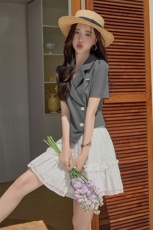 2025西装套装裙子女夏款新款气质轻熟收腰显瘦西装领蓬蓬裙两件套，女装套装/套裙，潮流依族