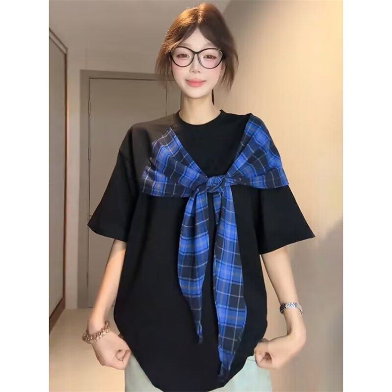 【有货】DT96-批40美式复古蝴蝶结短袖T恤女2025新款夏季宽松半袖图片