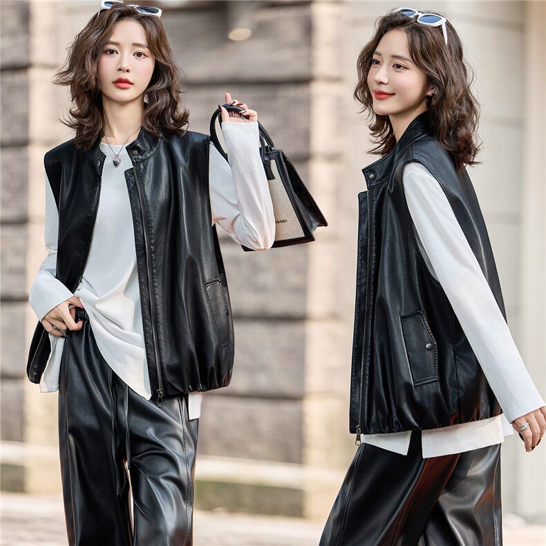 时髦个性立领皮衣马甲短外套女2025秋季新款宽松显瘦外穿拉链马夹，女装马甲，臻衣坊