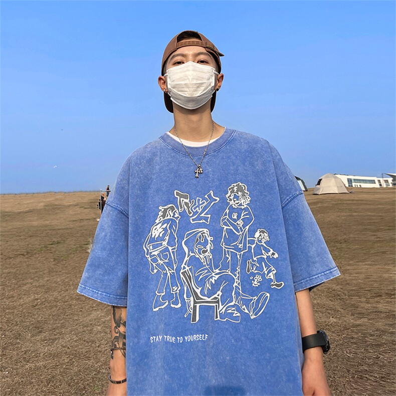 直播品质重磅240克美式复古蜡染水洗做旧宽松短袖t恤T1165-P38,男装T恤,电商A486