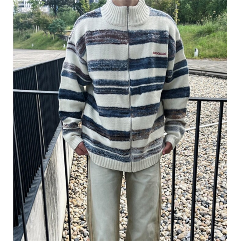 复古条纹开衫毛衣男女秋季休闲拼色拉链立领针织外套MY341,男装针织衫/毛衣,星座1116A（原606A-3）