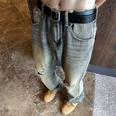 美式高街破洞牛仔裤男韩版潮流个性2023夏季ins宽松长裤RK625-P41，男装牛仔裤，星座412-3