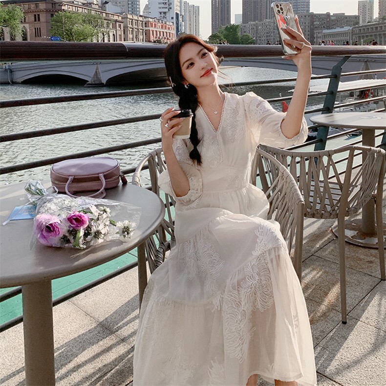法式气质仙女连衣裙女装2025夏季新款灯笼袖初恋收腰大摆长款裙子,女装连衣裙,天使之佳话