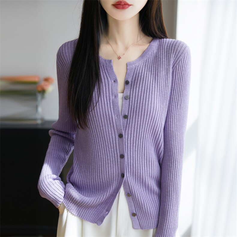 竹节麻圆领坑条开衫,女装T恤,暖娇绒包芯纱店
