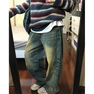 牛仔布运动复古水洗长裤牛仔裤高街vibe春秋多口袋潮中腰 N610图片