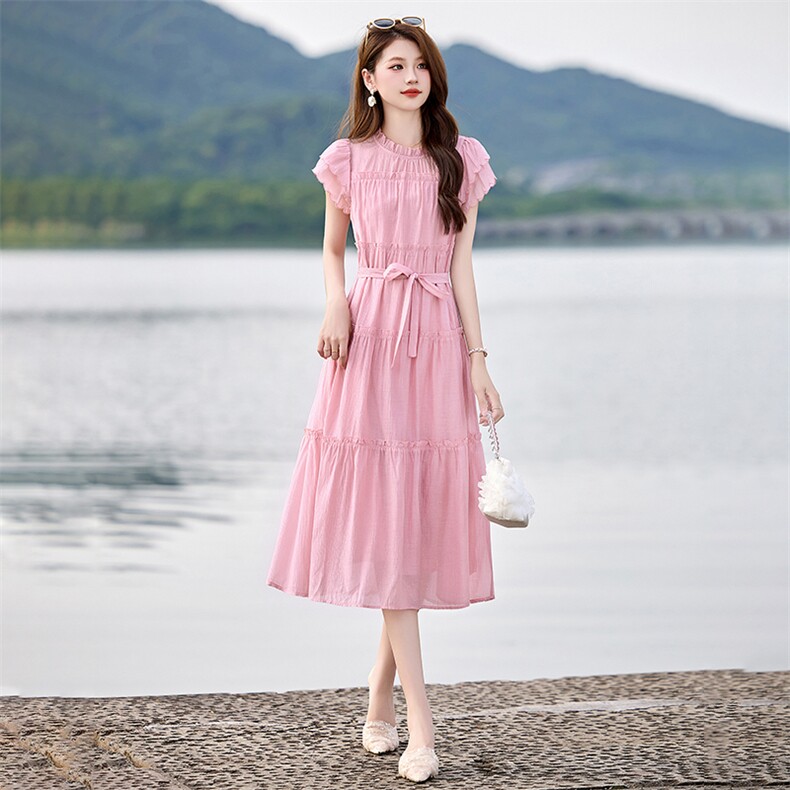 现货新款女2025夏季新款木耳边小飞袖清凉休闲宽松连衣裙送腰带,女装连衣裙,美静678
