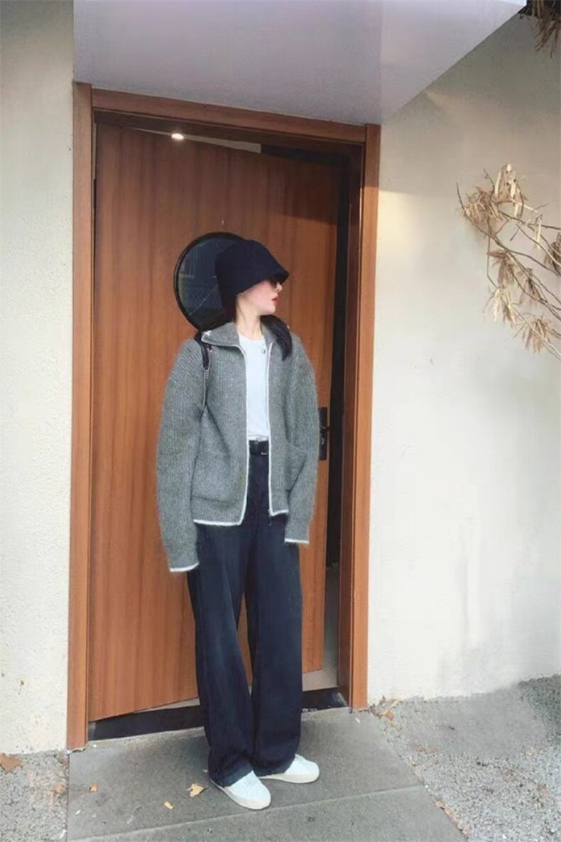 秋冬季羊毛翻领竖条纹简约羊毛开衫短外套,女装羊毛衫,锦瑟羊绒
