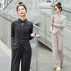 高级感新中式风套装女春季新款修身显瘦盘扣上衣阔腿裤两件套，女装套装/套裙，江南女神
