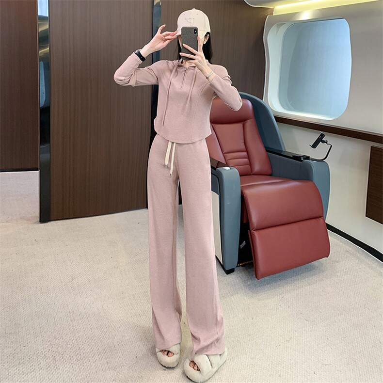 女秋季新款收腰显瘦半拉链连帽卫衣阔腿裤两件套,女装套装/套裙,江南