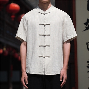 纯亚麻夏季薄款宽松短袖上衣风复古唐装盘扣衬衫男CS07图片