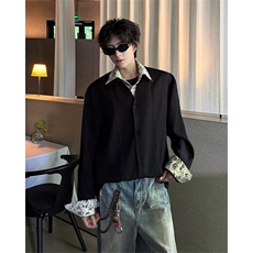 潮流休闲花卉印花领翻领假两件休闲长袖衬衫上衣男潮P55，男装衬衫，电商B319
