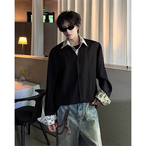 潮流休闲花卉印花领翻领假两件休闲长袖衬衫上衣男潮 P55图片