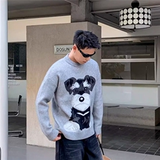 2025新款小狗图案圆领针织衫男女秋冬复古慵懒风情侣休闲打底毛衣，男装T恤，星座1210-1