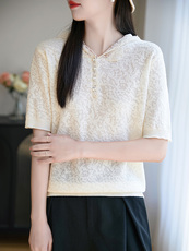 常规V领2025年夏季其他五分袖简约法式通勤气质半袖T恤上衣，女装T恤，暖圣羊羊绒