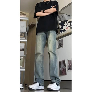 秋冬季美式休闲痞帅重磅加绒复古蓝直筒牛仔裤图片