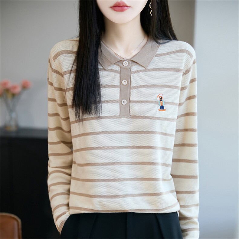 POLO领针织衫女条纹刺绣打底衫2025新款精纺毛衫宽松显瘦翻领毛衣，女装针织衫/毛衣，郡淞羊绒