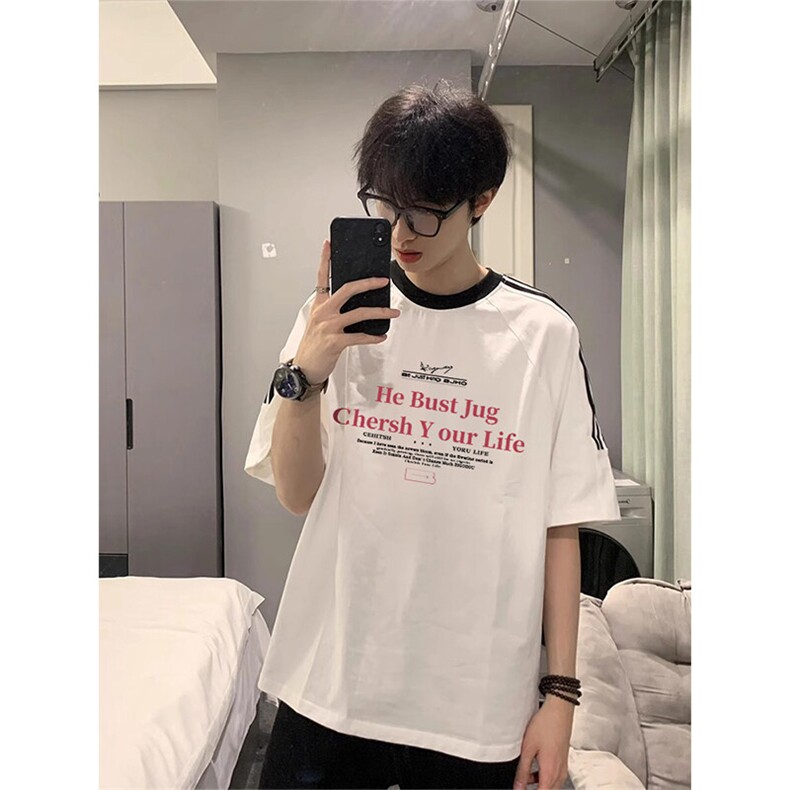 夏季美式高街重磅纯棉三条杠织带撞色男女短袖T恤ZD602-特P30,男装T恤,电商A486-1