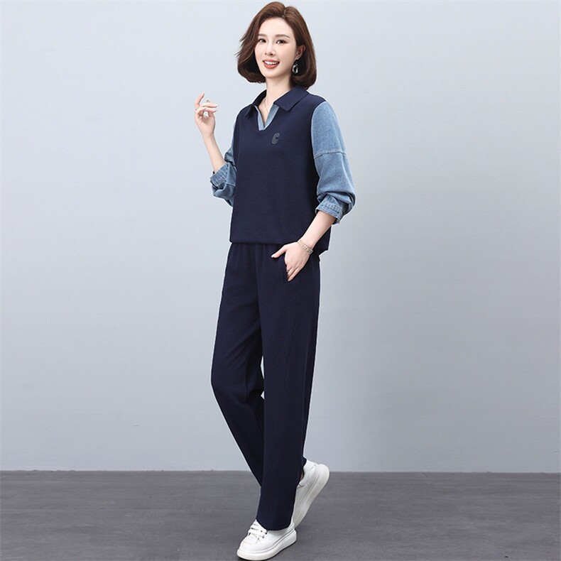 卫衣套装女款20245春秋新款休闲牛仔拼接翻领两件套,女装套装/套裙,忆绮罗
