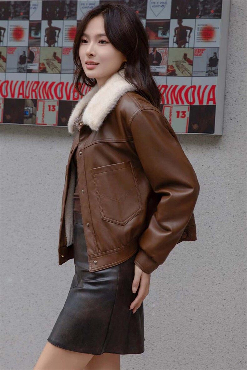 现货海宁f仿真皮皮衣女加绒加厚短款2024冬季新款女士宽松皮外套,女装皮衣,跑量工厂店