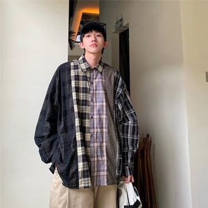 潮美式复古拼接格子休闲衬衫男女长袖潮牌街头C09-P42图片