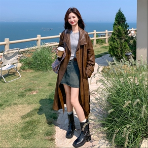 咖色复古韩系皮衣外套女2025年秋季新款气质高级感长款过膝PU大衣图片