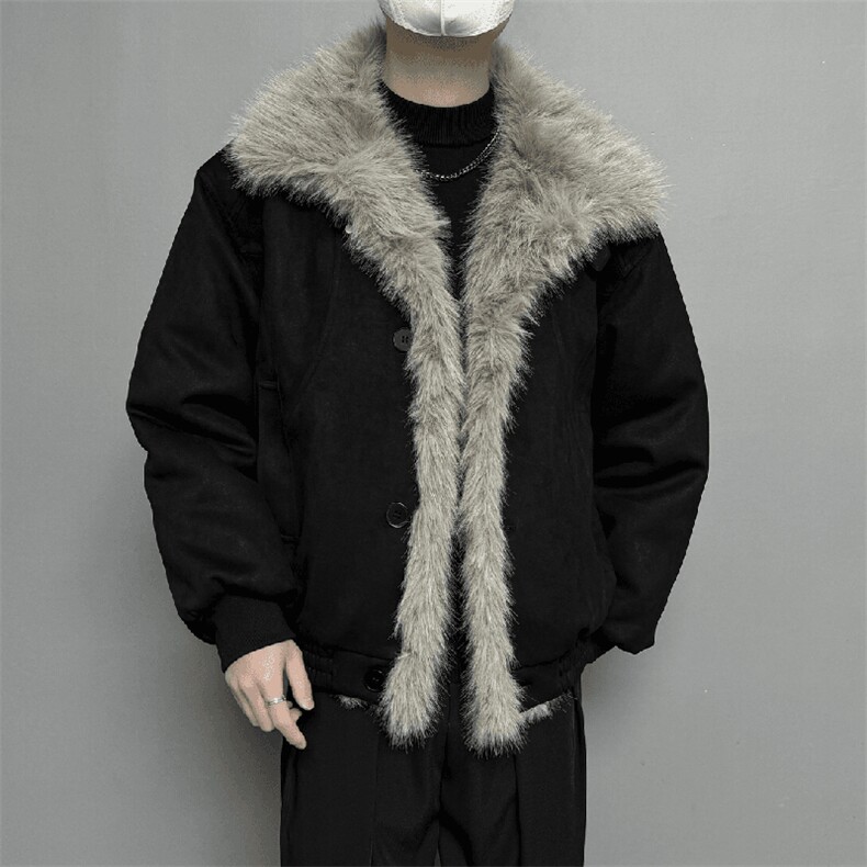 现货重磅硬挺boxy羽绒棉衣座山雕大毛毛领洗水麂皮棉服冬外套，男装棉衣，电商A486-1