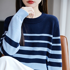 秋新款100%全棉条纹针织衫女圆领宽松洋气打底衫时尚拼色纯棉毛衣，女装针织衫/毛衣，长今羊