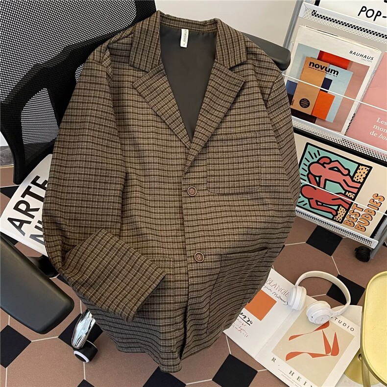 棕色格子西装外套男春秋新款日系复古宽松休闲美拉德穿搭西服夹克,男装夹克,星座506A