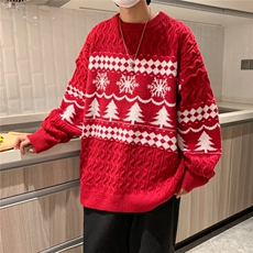 日系复古菱格麻花圣诞红色毛衣男情侣冬季慵懒风套头针织衫上衣，男装针织衫/毛衣，星座716-2