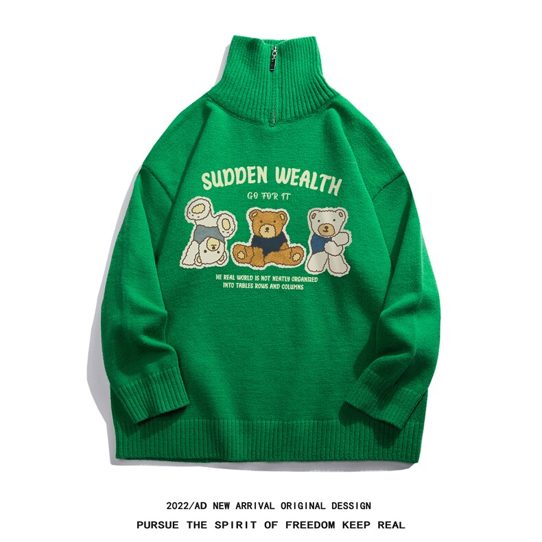 白底秋冬新款潮流趣味小熊印花保暖可翻拉链高领毛衣M3005P75控98,男装针织衫/毛衣,电商A247-1