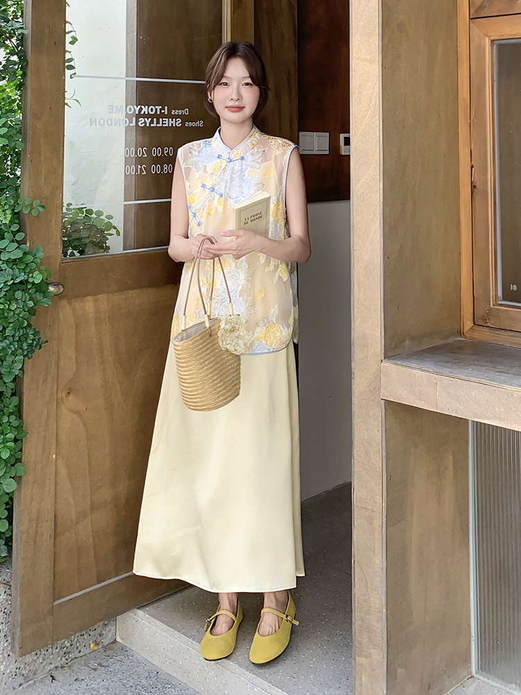 新中式国风穿搭黄色缎面吊带连衣裙叠穿改良旗袍无袖两件套装女夏,女装套装/套裙,浙宝192（原082）