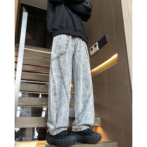 港风秋款男牛仔裤工装大口袋拼接渐变色直筒长裤NK56 P55图片