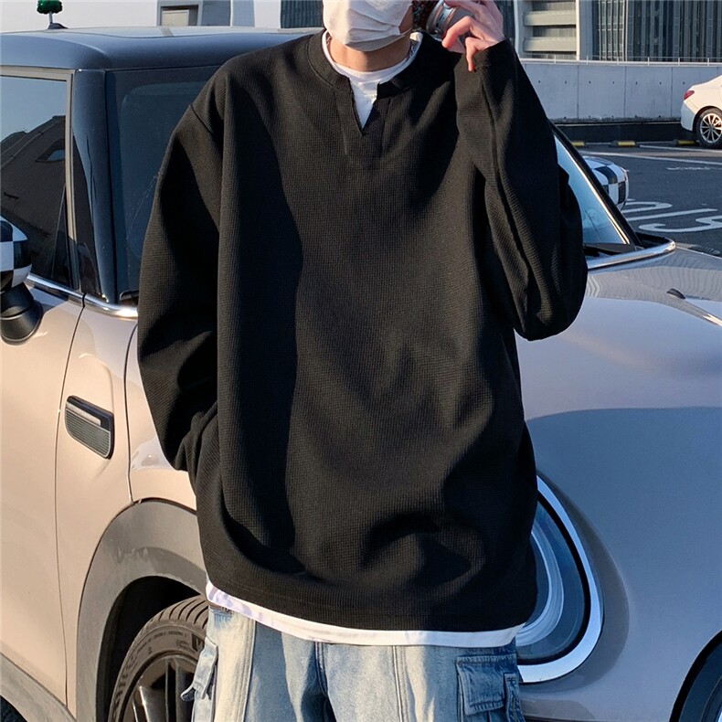 2026春夏大码假两件华夫格长袖T恤男宽松上衣W56683/特P20黑色,男装T恤,电商A094