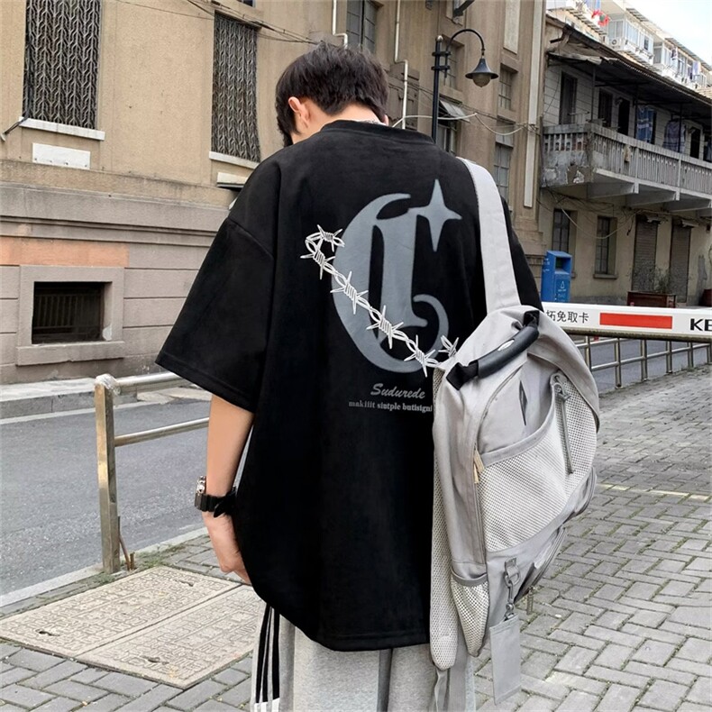美式复古印花麂皮绒短袖T恤男女夏季宽松百搭情侣上衣HT16-P28,男装T恤,星座1008-1