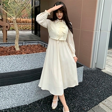 现货2024年春季女金典时尚潮流新中式复古盘扣网红假两件套连衣裙，女装连衣裙，煊芮熙