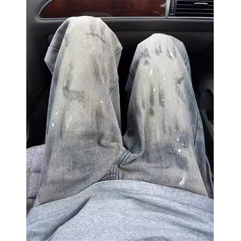 水洗脏染泼墨牛仔裤男潮牌裤子设计感直筒弯刀微喇裤NA450,男装牛仔裤,星座1116A（原606A-3）