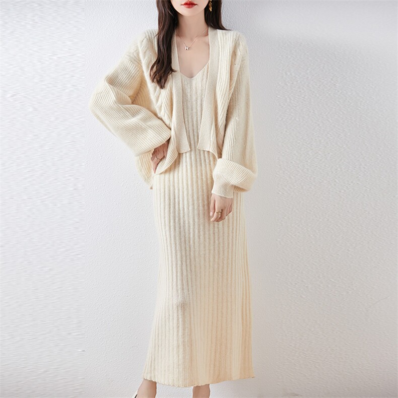 优雅气质女装羊毛衫套装百搭温柔显瘦长裙开衫两件套冬季必备保暖，女装羊毛衫，狄美羊绒