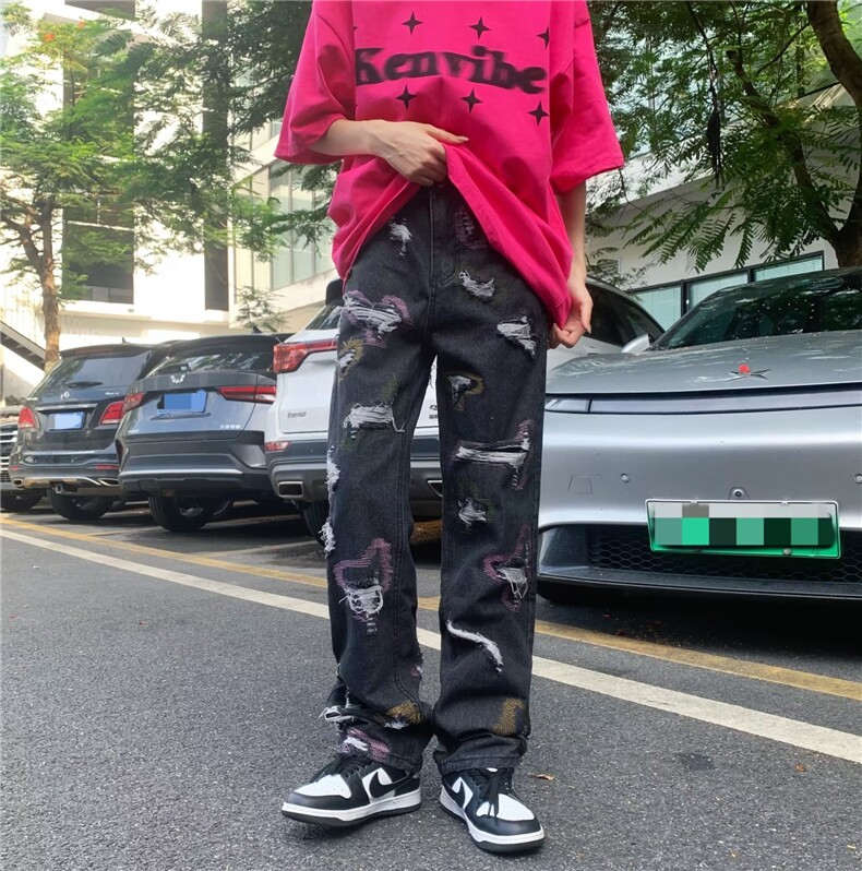vibe美式复古高街针缝破洞牛仔裤男欧美潮牌嘻哈直筒宽BK41-P73,男装牛仔裤,星座1109-3
