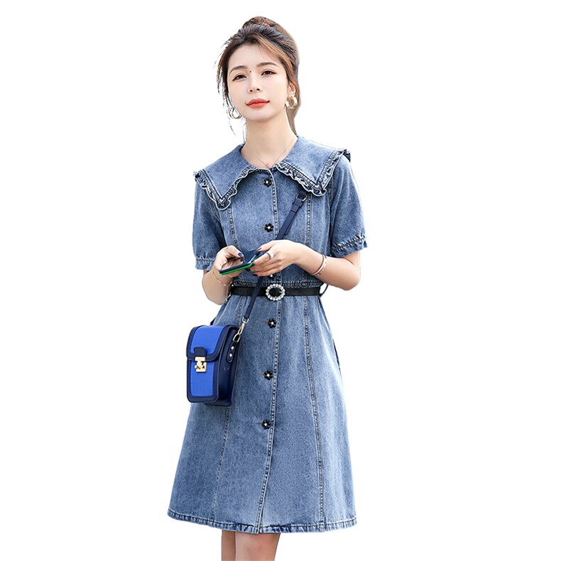 时尚显瘦牛仔连衣裙女夏季新款韩版气质修身短袖裙子,女装连衣裙,秋水欣儿