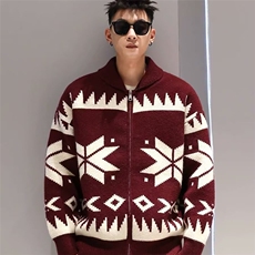 立领夹克男春秋季新款雪花休闲开衫毛线衣男士潮牌简约针织衫外套，男装针织衫/毛衣，星座1210-1