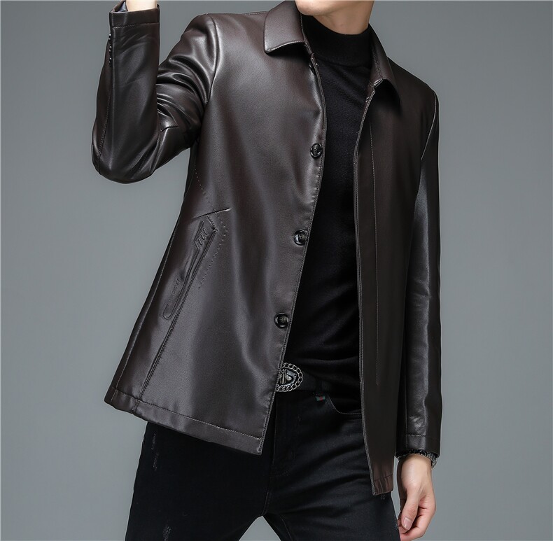 2023秋皮衣男纯色翻领时尚潮流短款中年休闲皮夹克MY3116-P160，男装皮衣，电商B212（原钱塘6029）