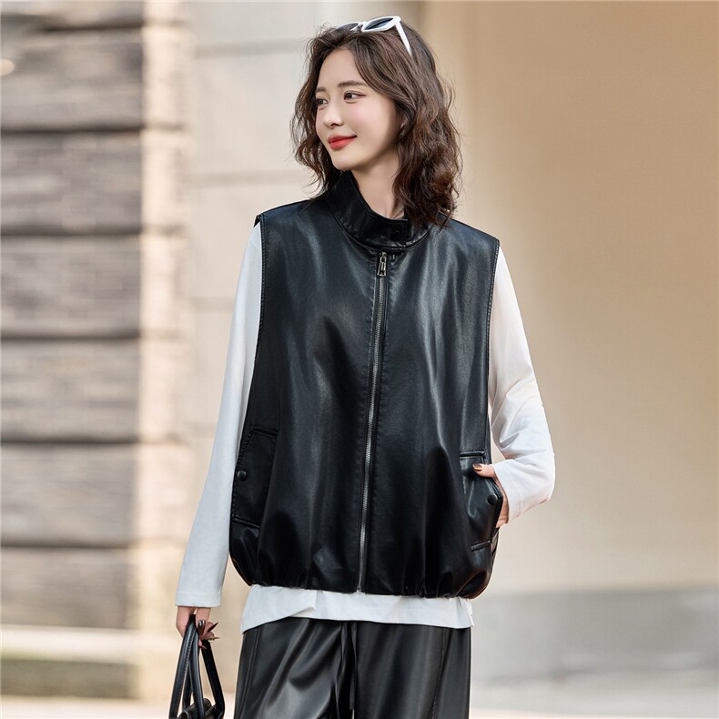 时髦个性立领皮衣马甲短外套女2025秋季新款宽松显瘦外穿拉链马夹,女装马甲,臻衣坊