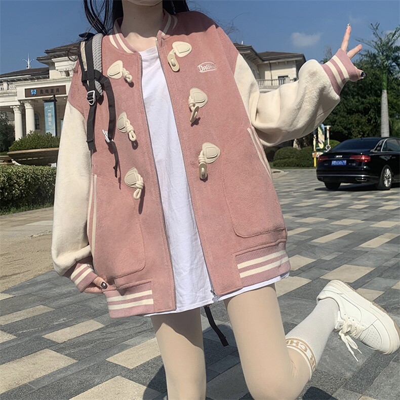 秋冬韩版宽松百搭加绒加厚休闲外套女复古盐系棒球服上衣C394-P95,女装短外套,星座911-2(原星座613-2）