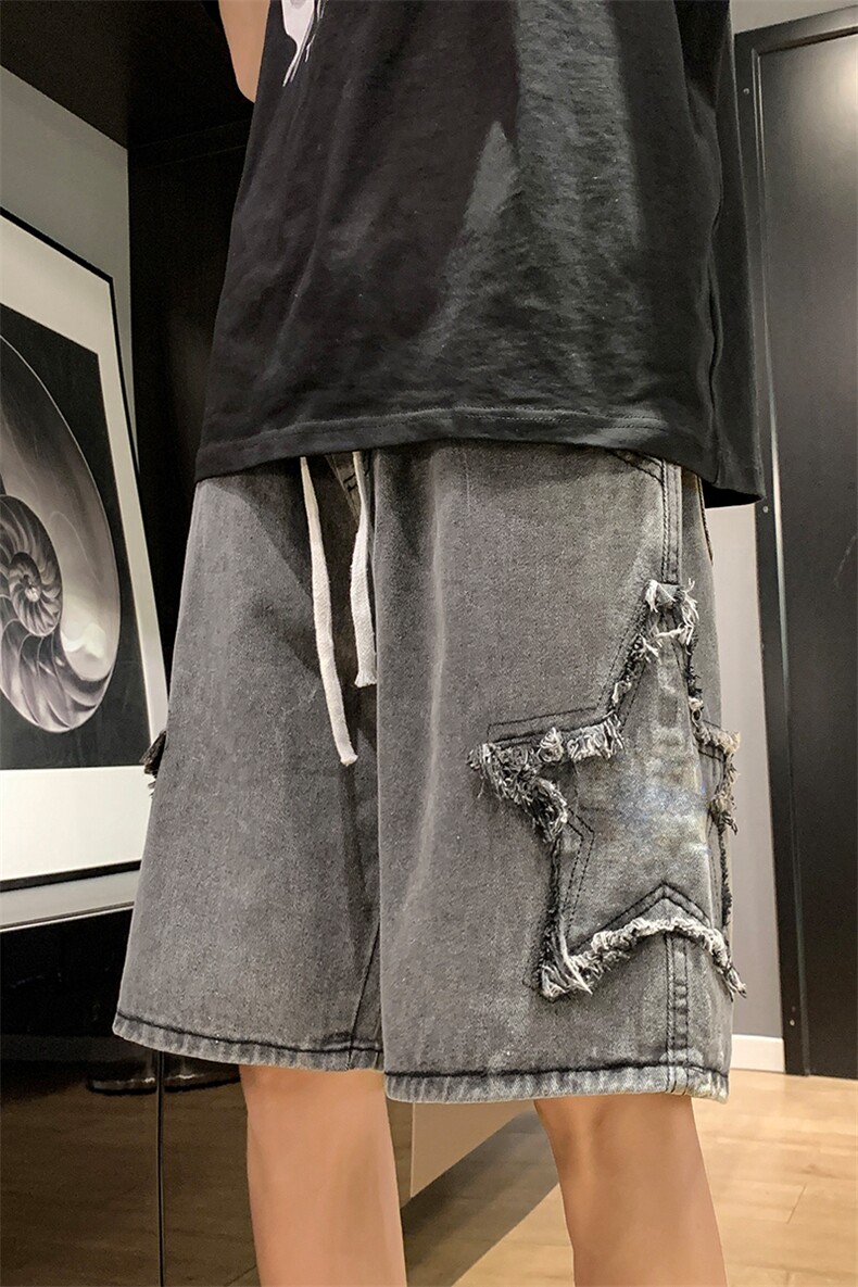 8XL-M特大码夏季美式高街五角星牛仔短裤港风宽松五分裤DK1513P40,男装休闲裤,电商D206-1