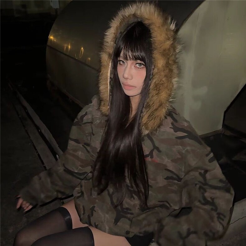 美式大毛领迷彩连帽卫衣外套2025秋冬加绒宽松开衫情侣装拉链上衣,女装短外套,星座506A