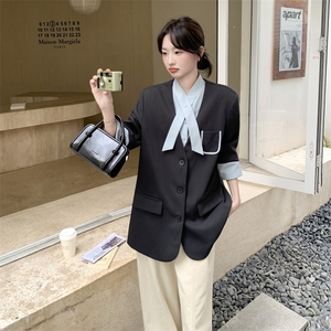 韩版韩系V领西服拼接单排扣西装学院风纽扣正装常规春秋气质长袖图片