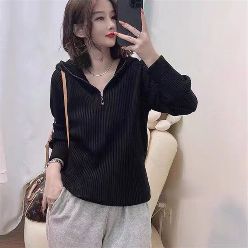 秋冬安迪绒连帽针织毛衣女套头坑条宽松显瘦帽衫拉链打底纯色百搭,针织衫/毛衣,佳绒包芯纱店