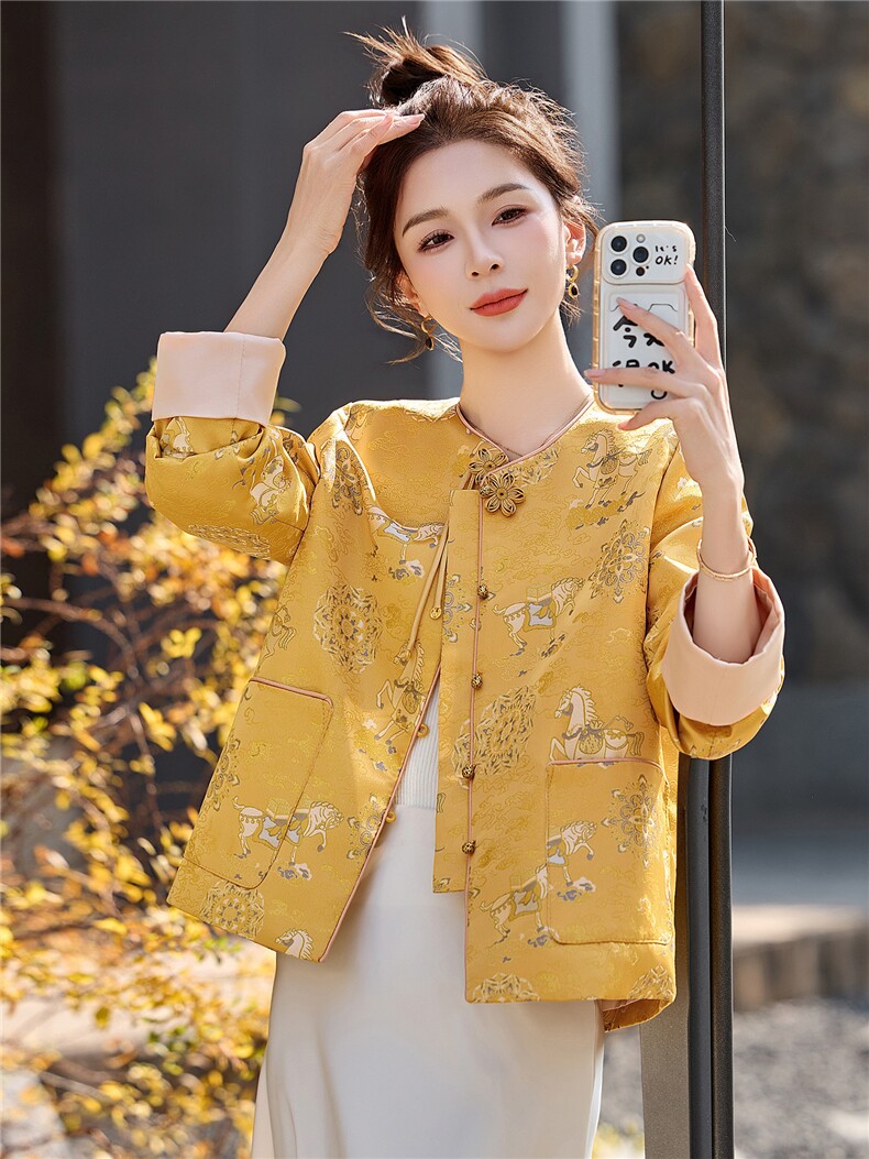 现货宋锦招财马上有钱花之寓意提花巨好看百搭新中式春秋女外套,女装短外套,木橙西子